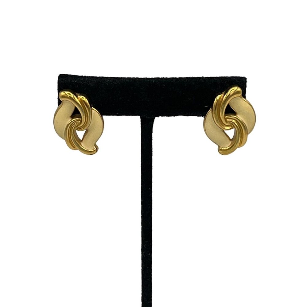 Vintage Gold Tone Cream Beige Enamel Knot Pierced Earrings